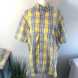 IZOD Men’s button up shirt yellow/blue short sleeve size M collar cotton church